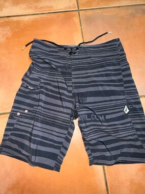 Volcom Boys Black & Charcoal Striped Swim Trunks